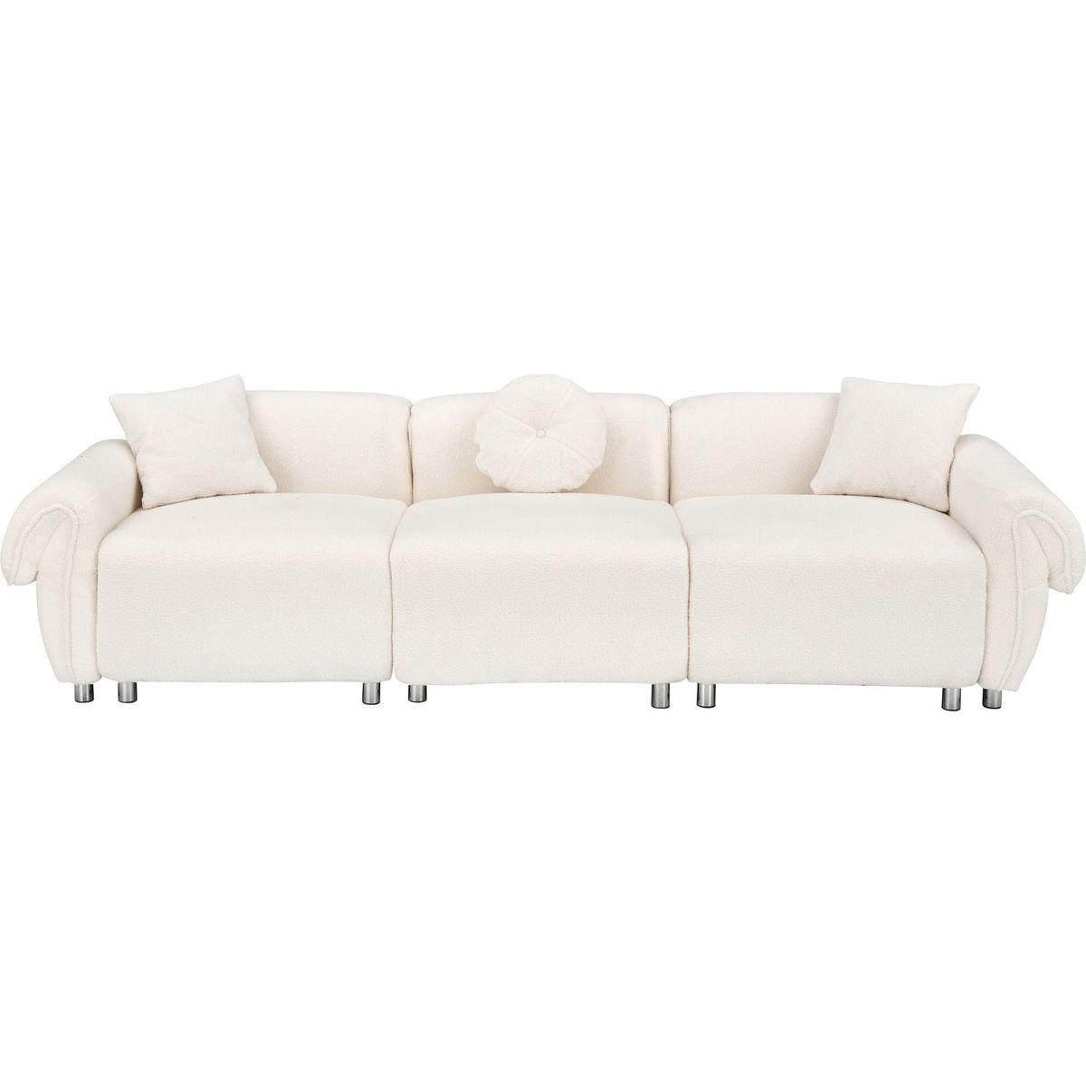 beige teddy-wool fabric with 3 pillows, three-seat sofa can be placed in living room and other scenes