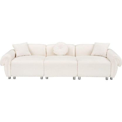 beige teddy-wool fabric with 3 pillows, three-seat sofa can be placed in living room and other scenes