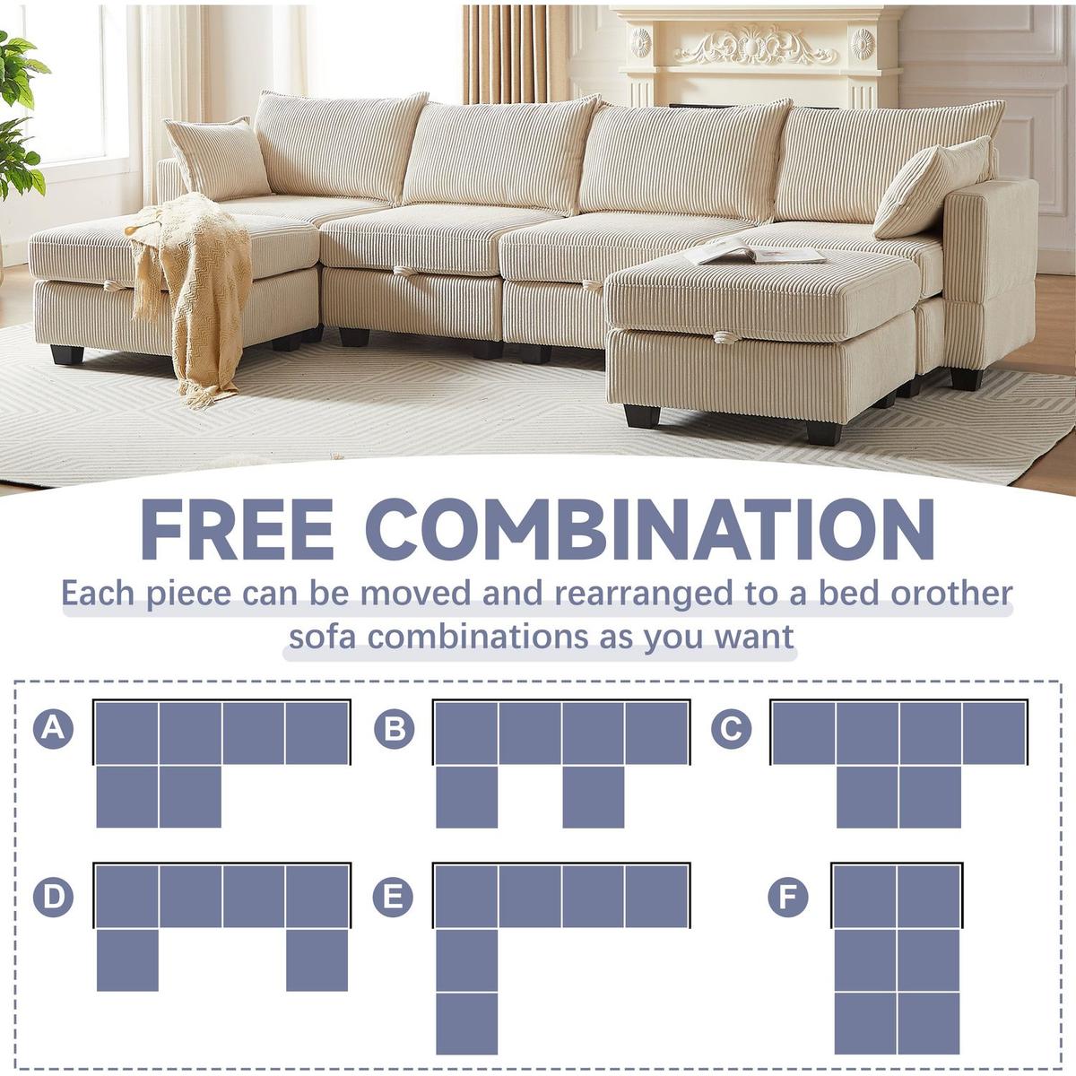 113.5" Modular Sectiona Corduroy Sofa, Sectional Couches for Living Room U Shaped Sectional Couch with Storage Ottoman, 6 Seats Convertible Sectionals with Chaise