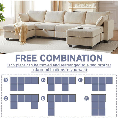 113.5" Modular Sectiona Corduroy Sofa, Sectional Couches for Living Room U Shaped Sectional Couch with Storage Ottoman, 6 Seats Convertible Sectionals with Chaise