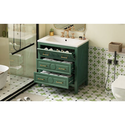 30" Bathroom Vanity with Resin Sink Combo, Free Standing Single Vanity Set with 3 Drawers, Solid Wood Frame Bathroom Storage Cabinet, Green