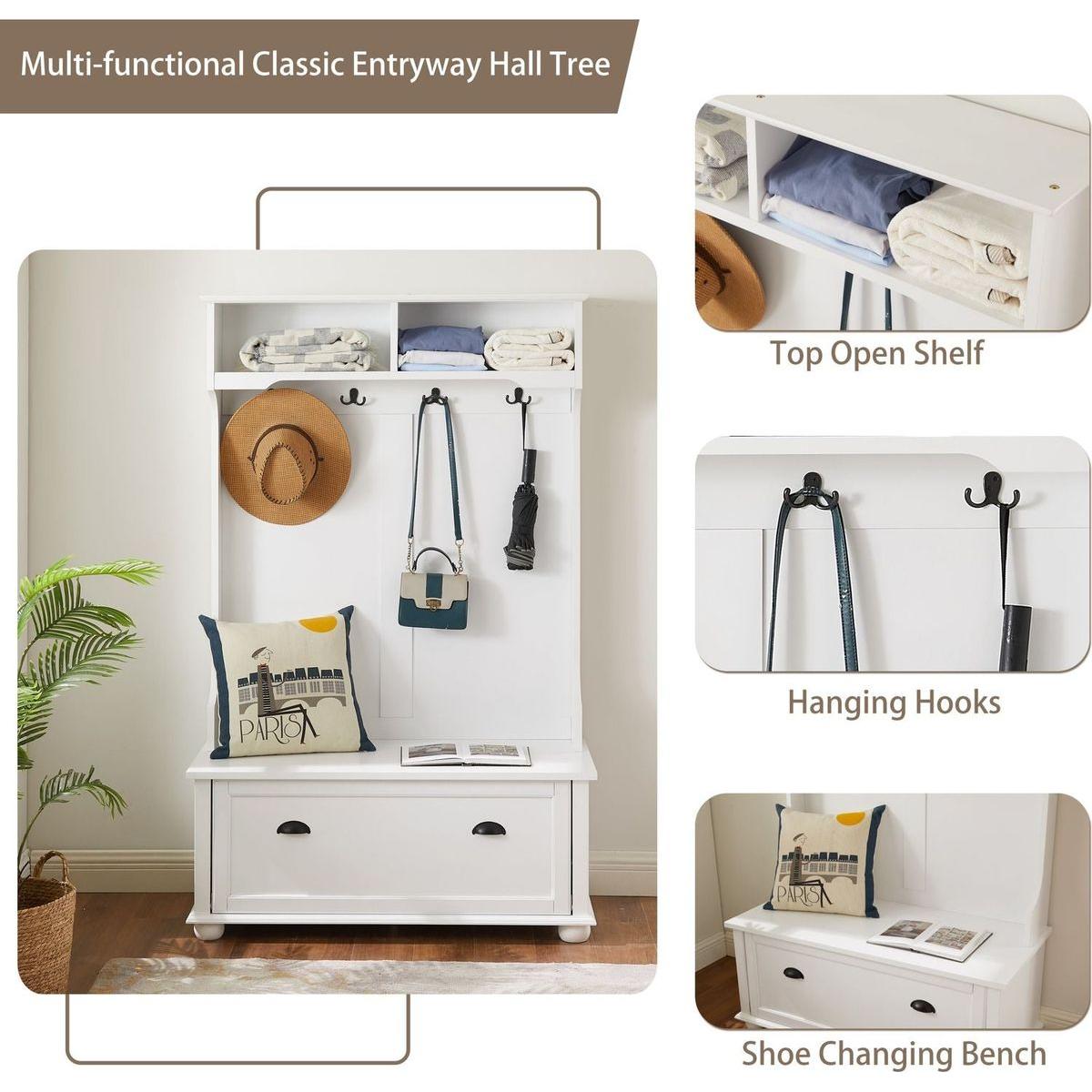 Classic Cosatal Style Hall Tree Entryway Bench with Open Shelves and Shoe Cabinets, SOLID WOOD Feet, White, 40.16"Wx18.58"Dx64.17"H