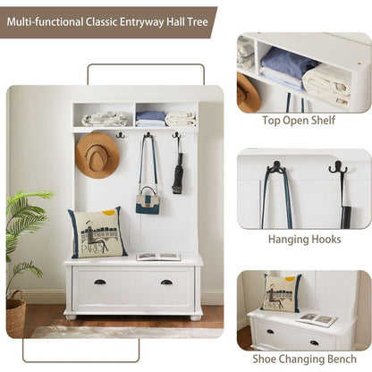 Classic Cosatal Style Hall Tree Entryway Bench with Open Shelves and Shoe Cabinets, SOLID WOOD Feet, White, 40.16"Wx18.58"Dx64.17"H