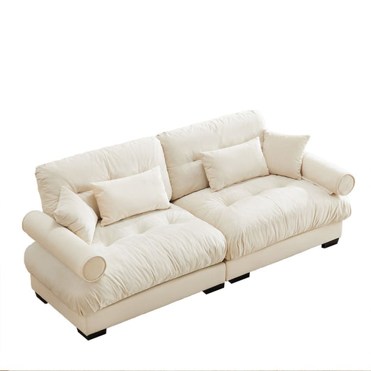 Modern Velvet Two-seater Sofa with Bolstered Armrests and Pillows in Cream
