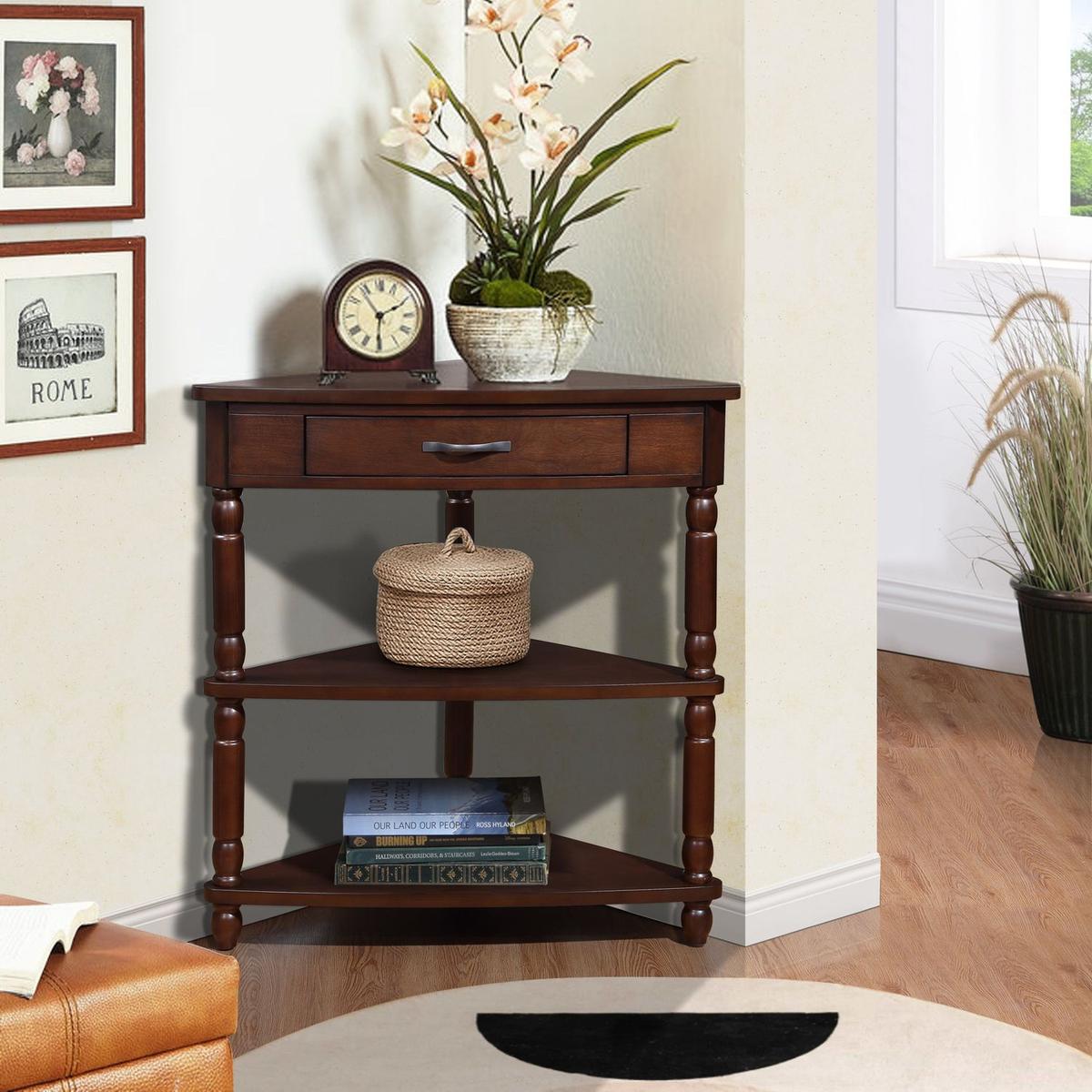 33.8" Small Triangle Corner Table, Wood Corner Side Table for Small Spaces/ Living Room, 3 Tier End Corner Table with Solid Wood Legs, Light Espresso