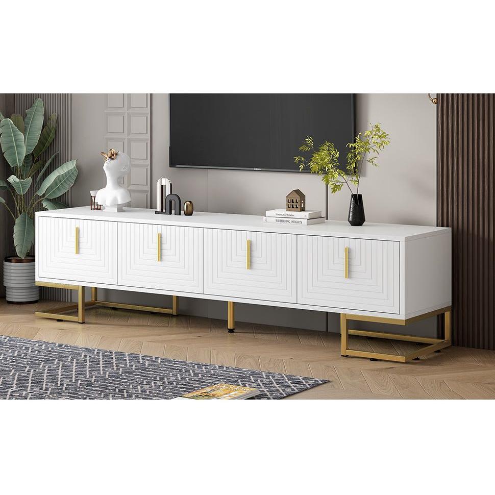 Modern TV Stand with Metal Legs and Gold Handles for TVs Up to 80", Media Console Table with Cabinets and Adjustable Shelves, Luxury TV Cabinet with Geometric Lines for Living Room, White