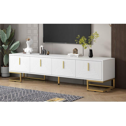 Modern TV Stand with Metal Legs and Gold Handles for TVs Up to 80", Media Console Table with Cabinets and Adjustable Shelves, Luxury TV Cabinet with Geometric Lines for Living Room, White
