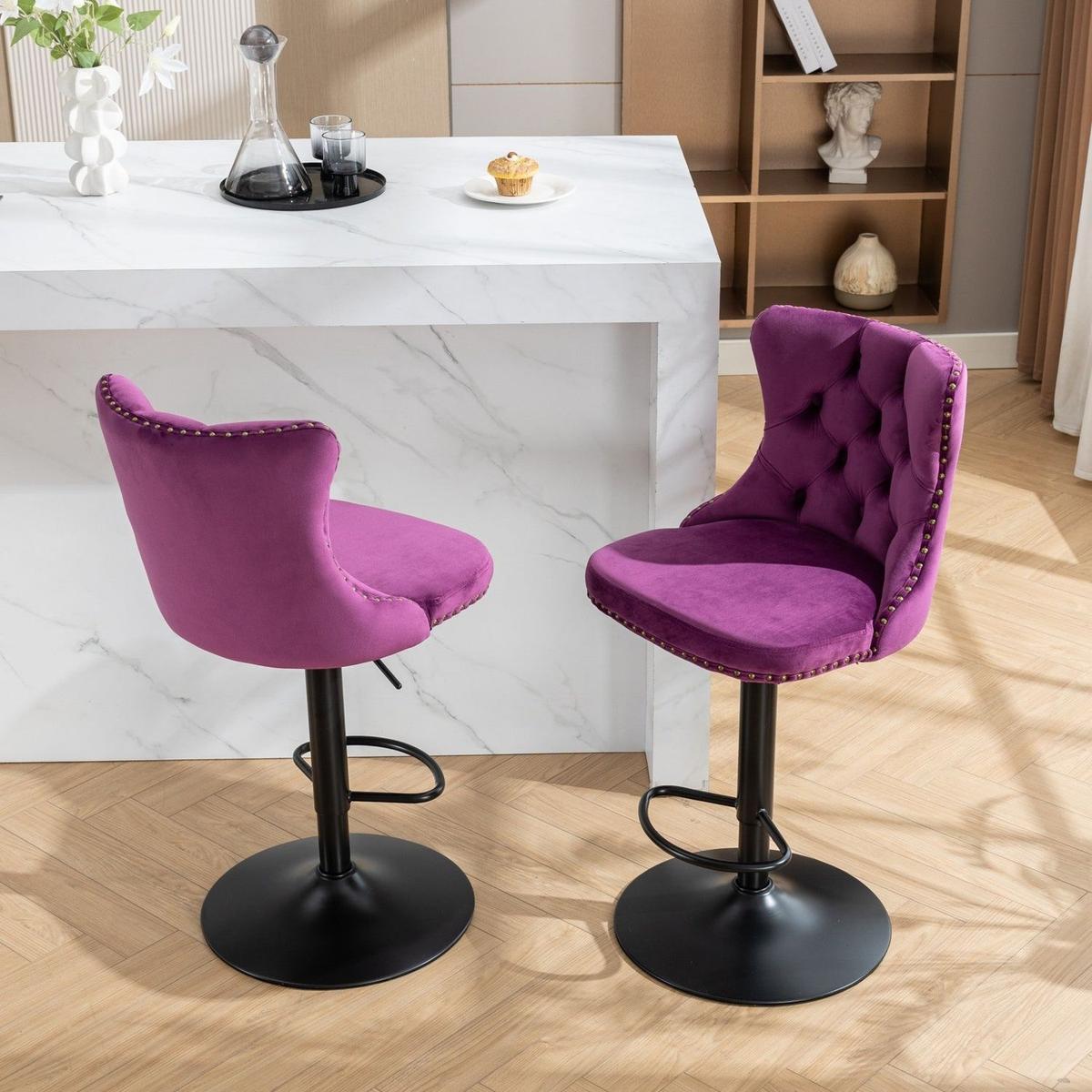 Swivel Velvet Barstools Adjusatble Seat Height from 25-33 Inch,17.7inch base, Modern Upholstered Bar Stools with Backs Comfortable Tufted for Home Pub and Kitchen Island,Purple,Set of 2