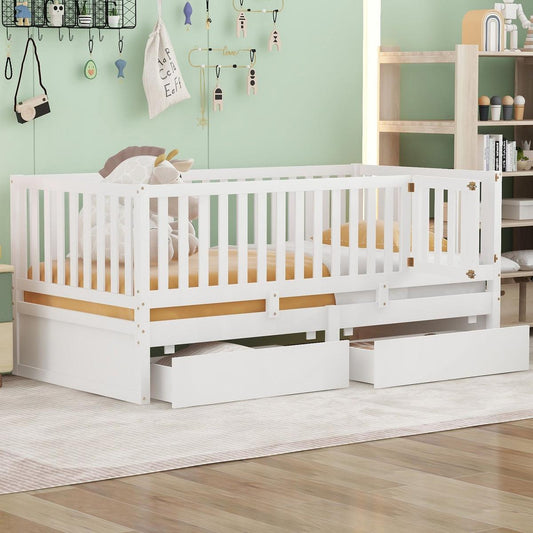 Twin Size Wood Daybed with Fence Guardrails and 2 Drawers, Split into Independent Floor Bed & Daybed, White