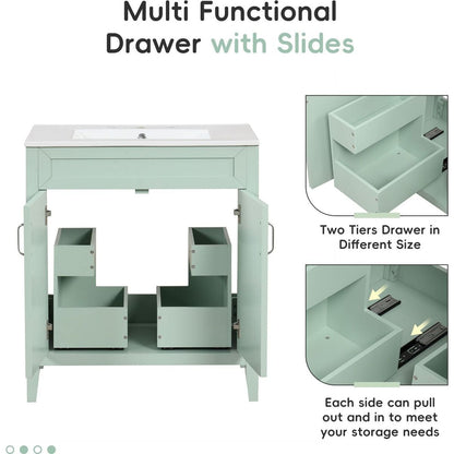 30" Bathroom Vanity with Sink, Multi-functional Bathroom Cabinet with Doors and Drawers, Solid Frame and MDF Board, Green