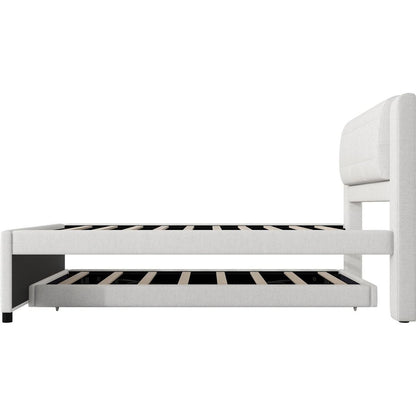 Full Size Upholstery platform bed with Trundle,Trundle can be flat or erected, Beige
