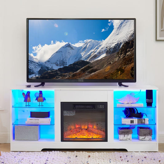 TV Stand Electric Fireplace Glass Shelves, 3D Fireplace TV Stand with LED Lights Wood with USB Charging Outlet Modern Television Table Center for TV up to 62" White, 58"W*15.5"D*24.4