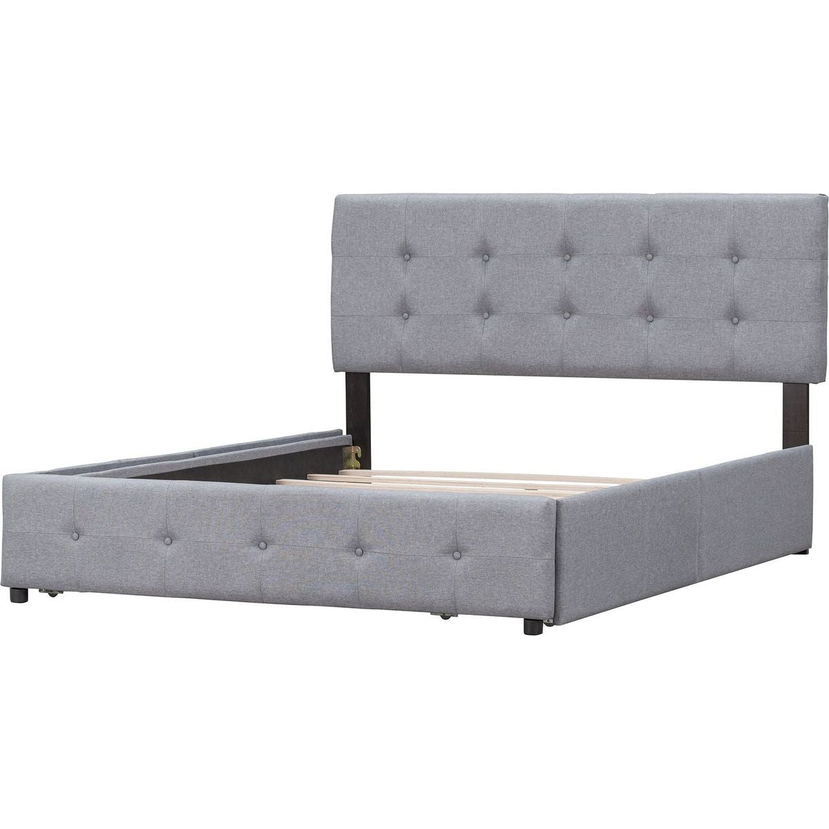 Upholstered Platform Bed with Classic Headboard and 4 Drawers, No Box Spring Needed, Linen Fabric, Queen Size Light Gray