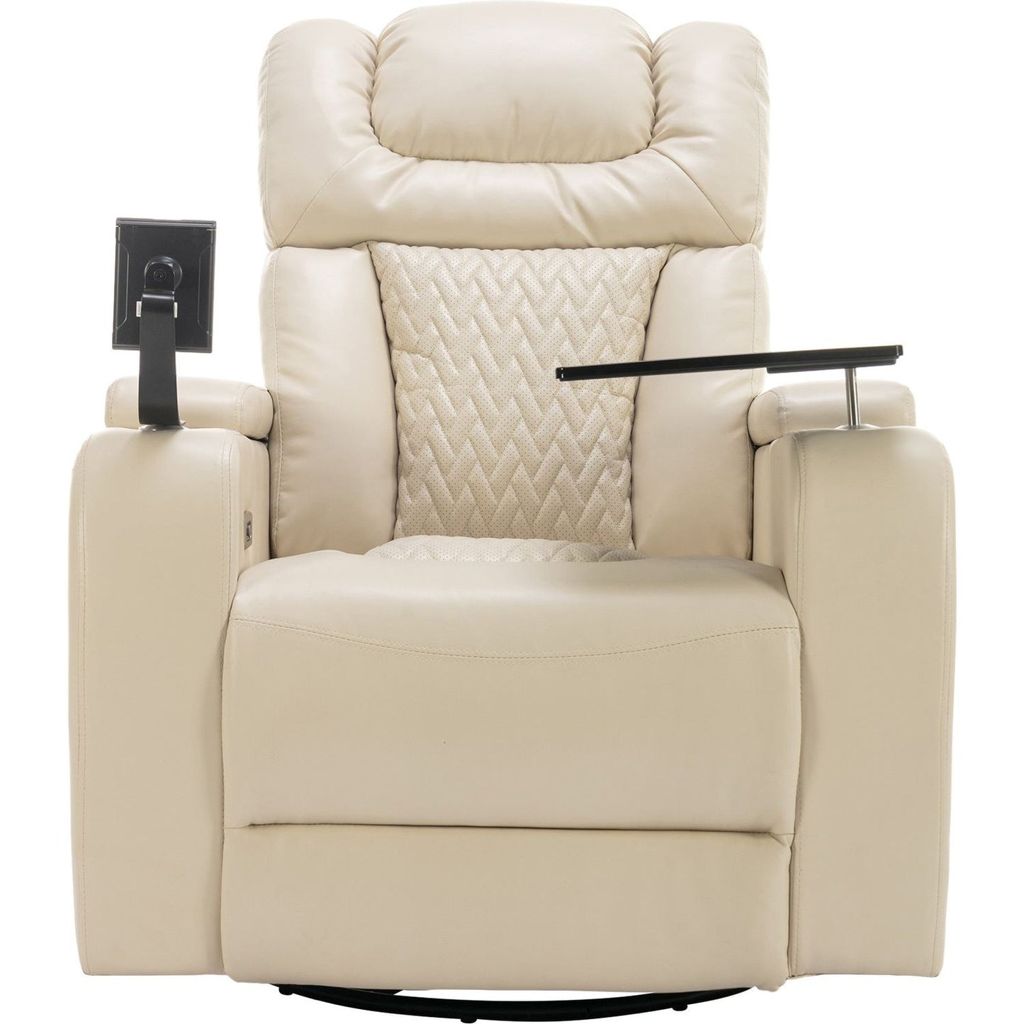 270 Degree Swivel PU Leather Power Recliner Individual Seat Home Theater Recliner with Comforable Backrest, Tray Table, Phone Holder, Cup Holder, USB Port, Hidden Arm Storage for Living Room, White