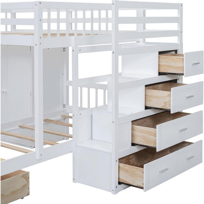 Full Over Twin Bunk Bed with Wardrobe, Drawers, White