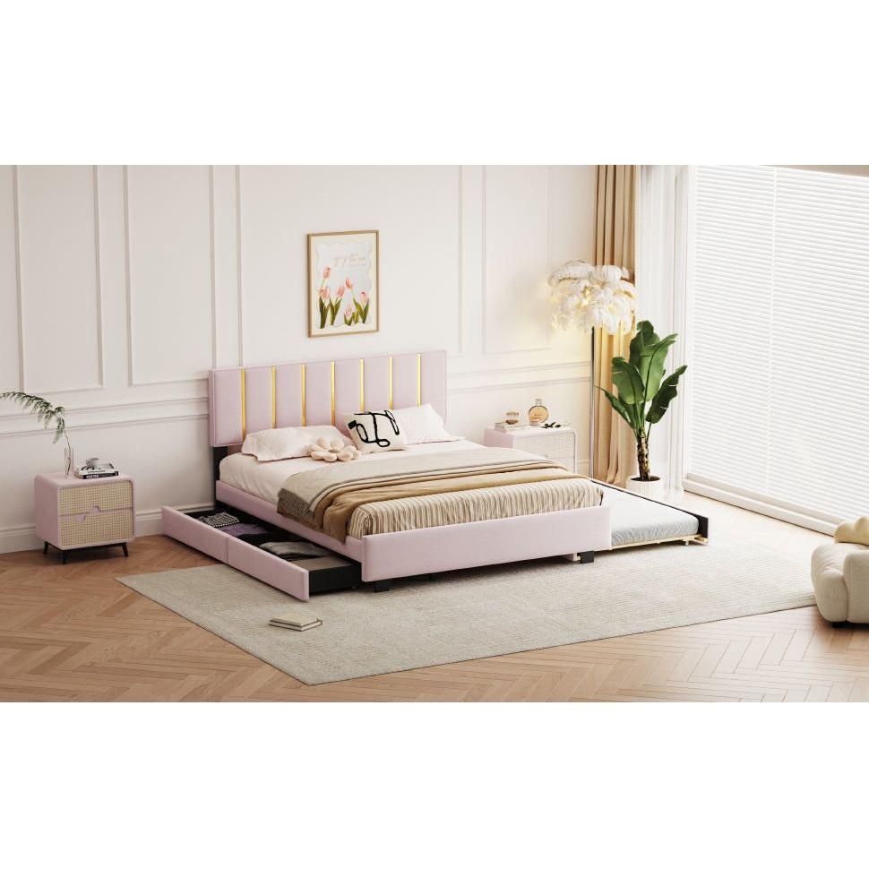 Queen Size Upholstered Platform Bed with 2 Drawers and 1 Trundle, Classic Metal Strip Headboard Design, Pink