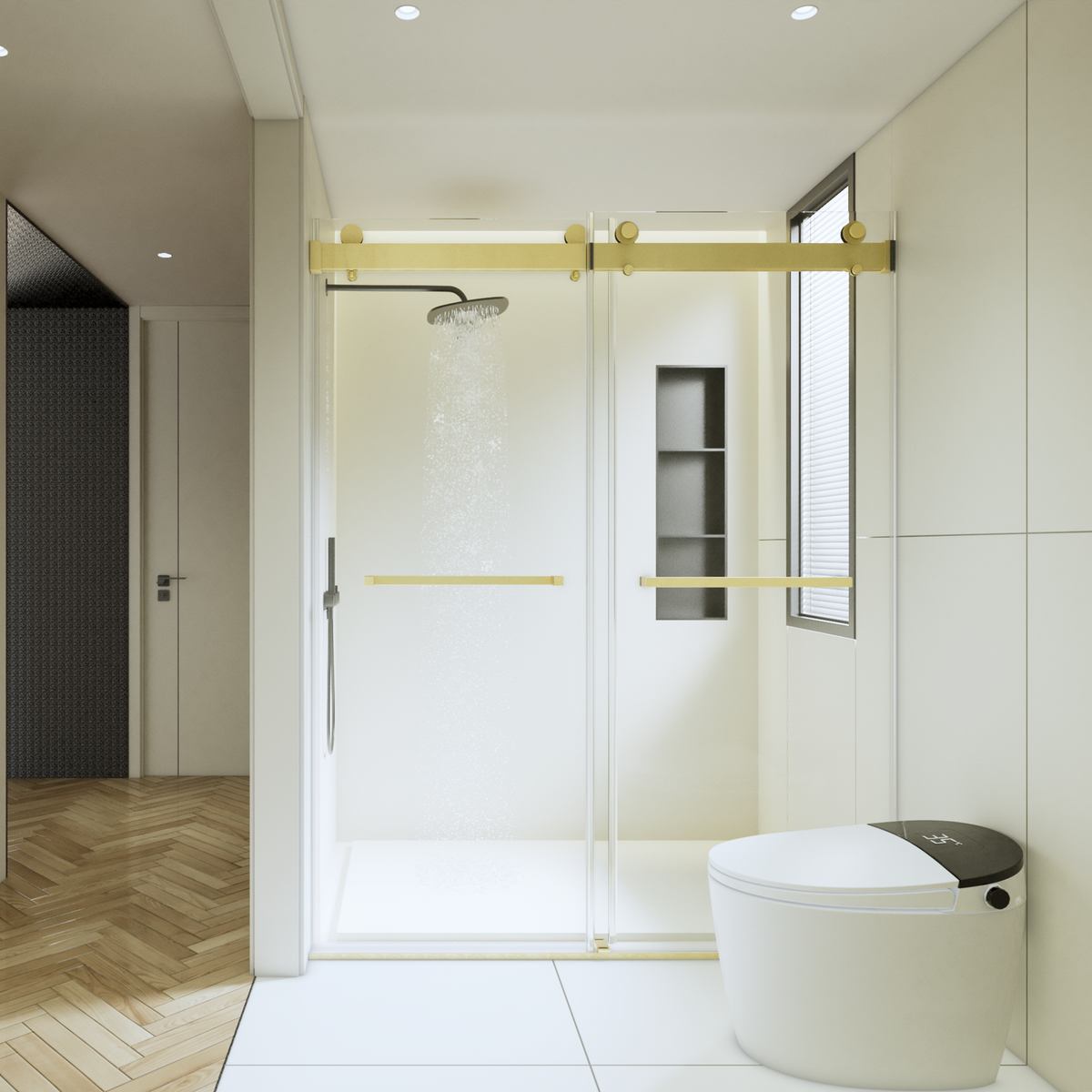 56-60 inches W x76 inches H Frameless Double Sliding Soft-Close Shower Door in Brushed Gold,3/8 inches (10mm) Thick SGCC Tempered Glass Door