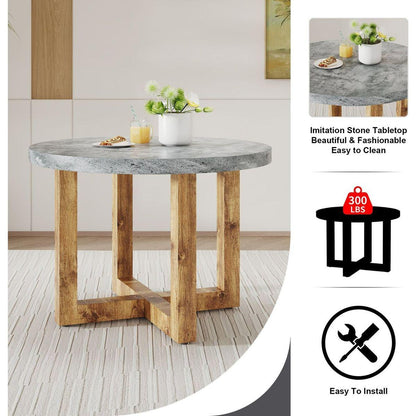 A modern and practical circular dining table. Made of MDF tabletop and wooden MDF table legs. A set of 4 brown cushioned chairs.