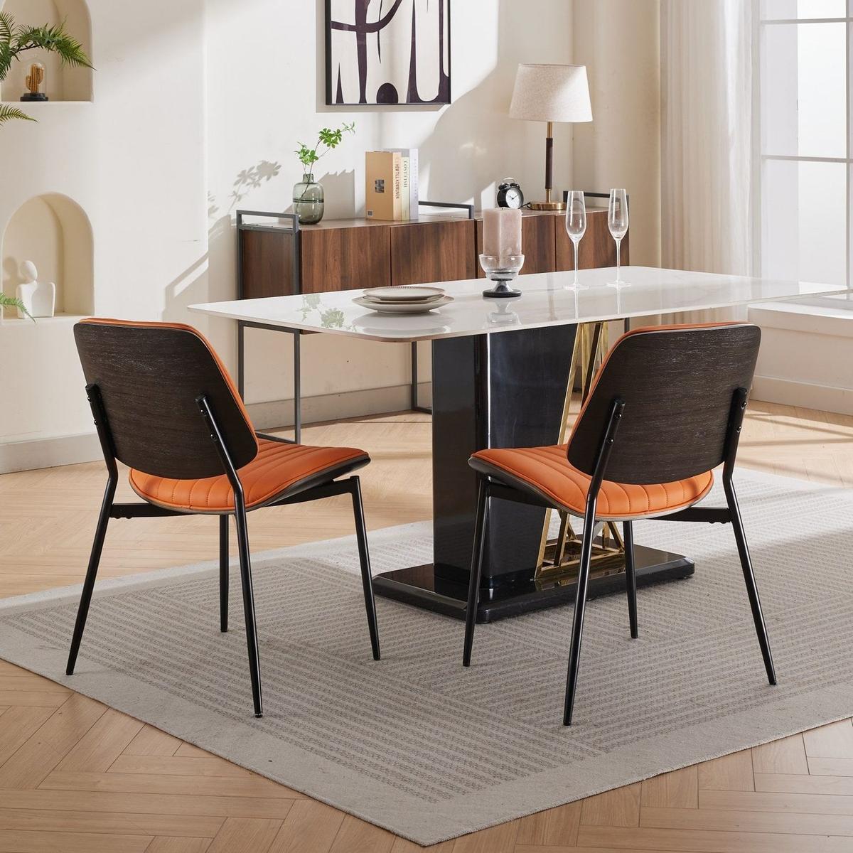 Dining Chairs Set of 2 Mid Century Modern Retro Faux Leather Chair with Walnut Bentwood Back Upholstered Seat Metal Legs Adjustable Foot for Kitchen Dining Room Chairs(Orange PU)