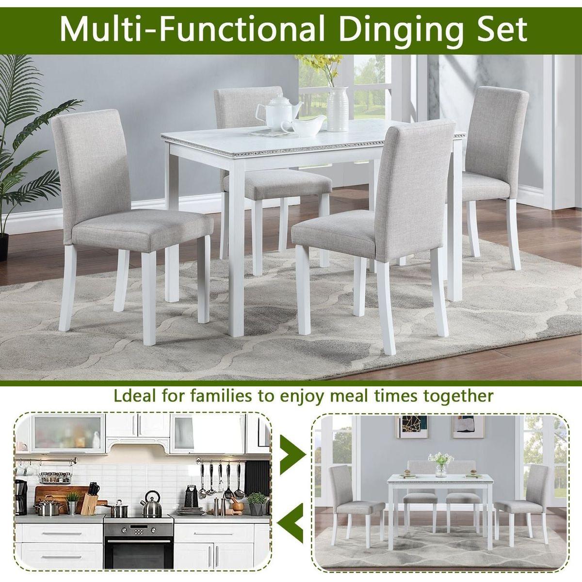 5 Piece Wooden Dining Table Set, Kitchen Table Set with a Rectangular Table and 4 Upholstered Chairs, Wooden Dining Room Table with Crystal Decoration and Chairs Set for Kitchen, Dining Room, White