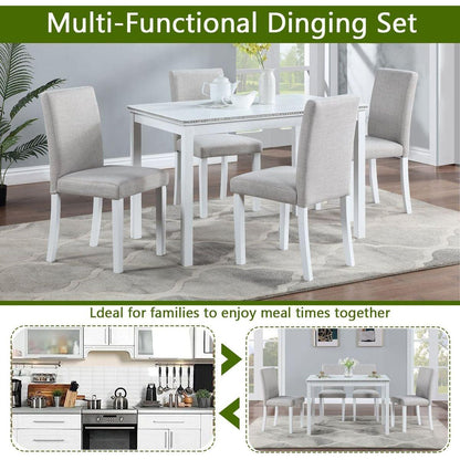 5 Piece Wooden Dining Table Set, Kitchen Table Set with a Rectangular Table and 4 Upholstered Chairs, Wooden Dining Room Table with Crystal Decoration and Chairs Set for Kitchen, Dining Room, White