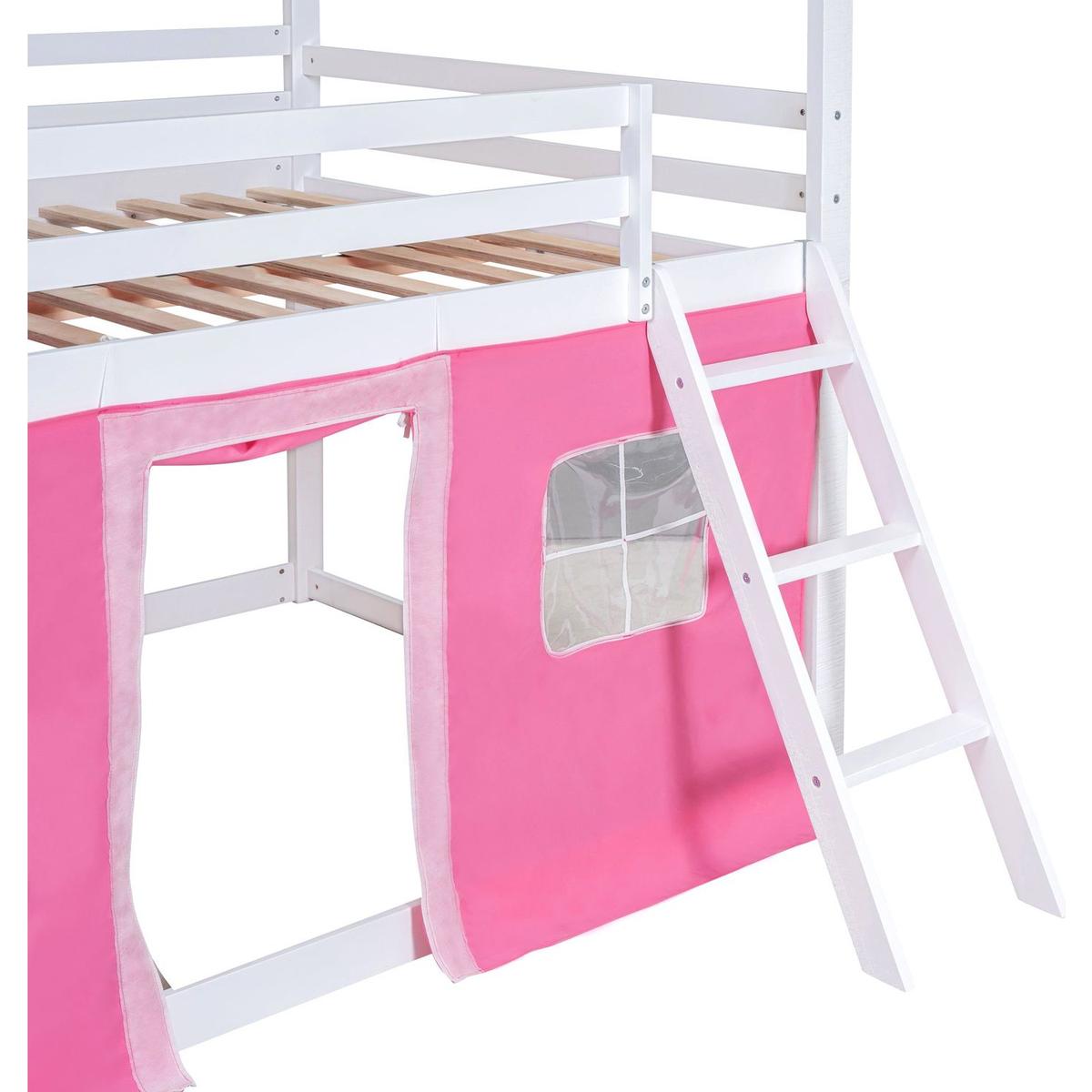 Full Size Bunk Wood House Bed with Elegant Windows, Sills and Tent, Pink+White