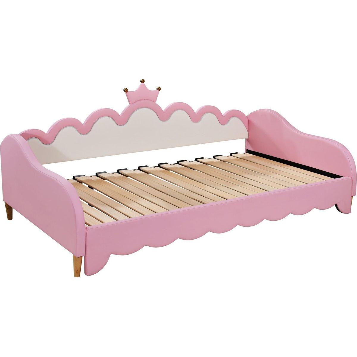 Twin Extending Daybed with LED Lights, Modern Upholstered Princess Daybed With Crown Headboard,Pink