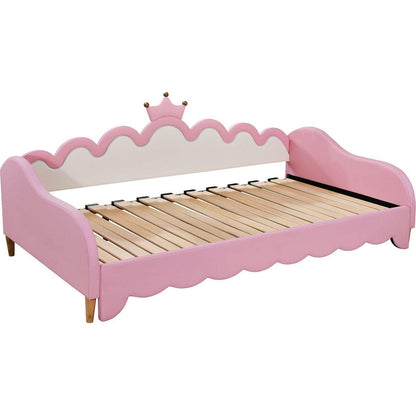 Twin Extending Daybed with LED Lights, Modern Upholstered Princess Daybed With Crown Headboard,Pink