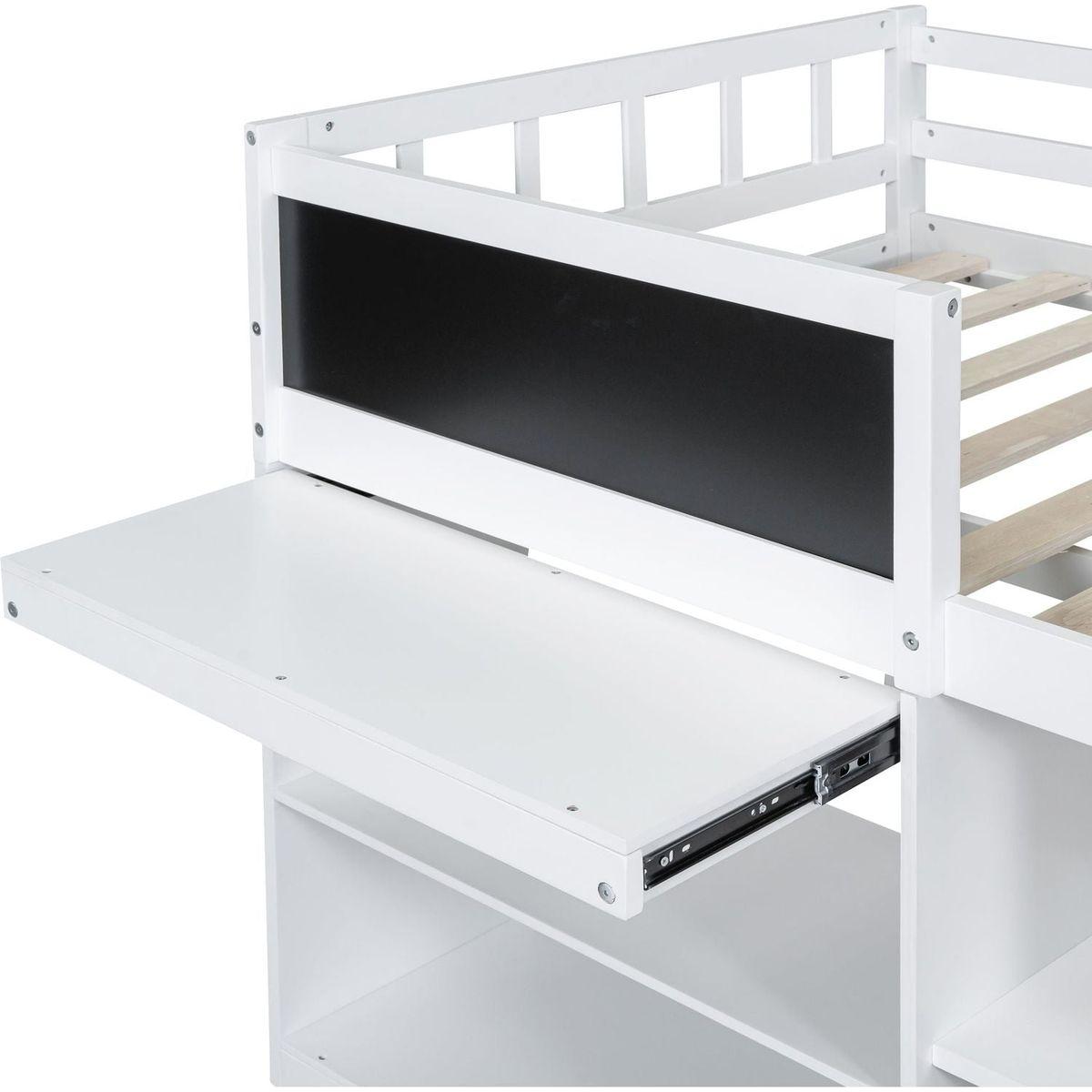 Twin Size Low Loft Bed with Rolling Desk, Shelf and Drawers - White