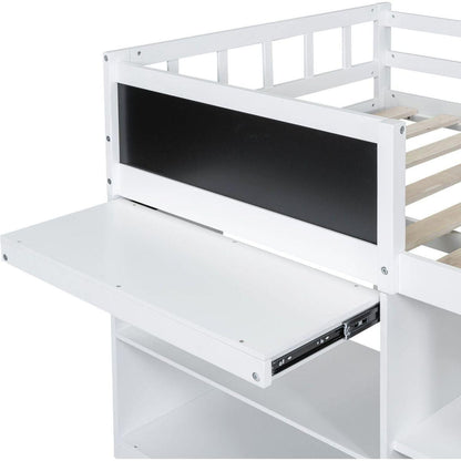 Twin Size Low Loft Bed with Rolling Desk, Shelf and Drawers - White