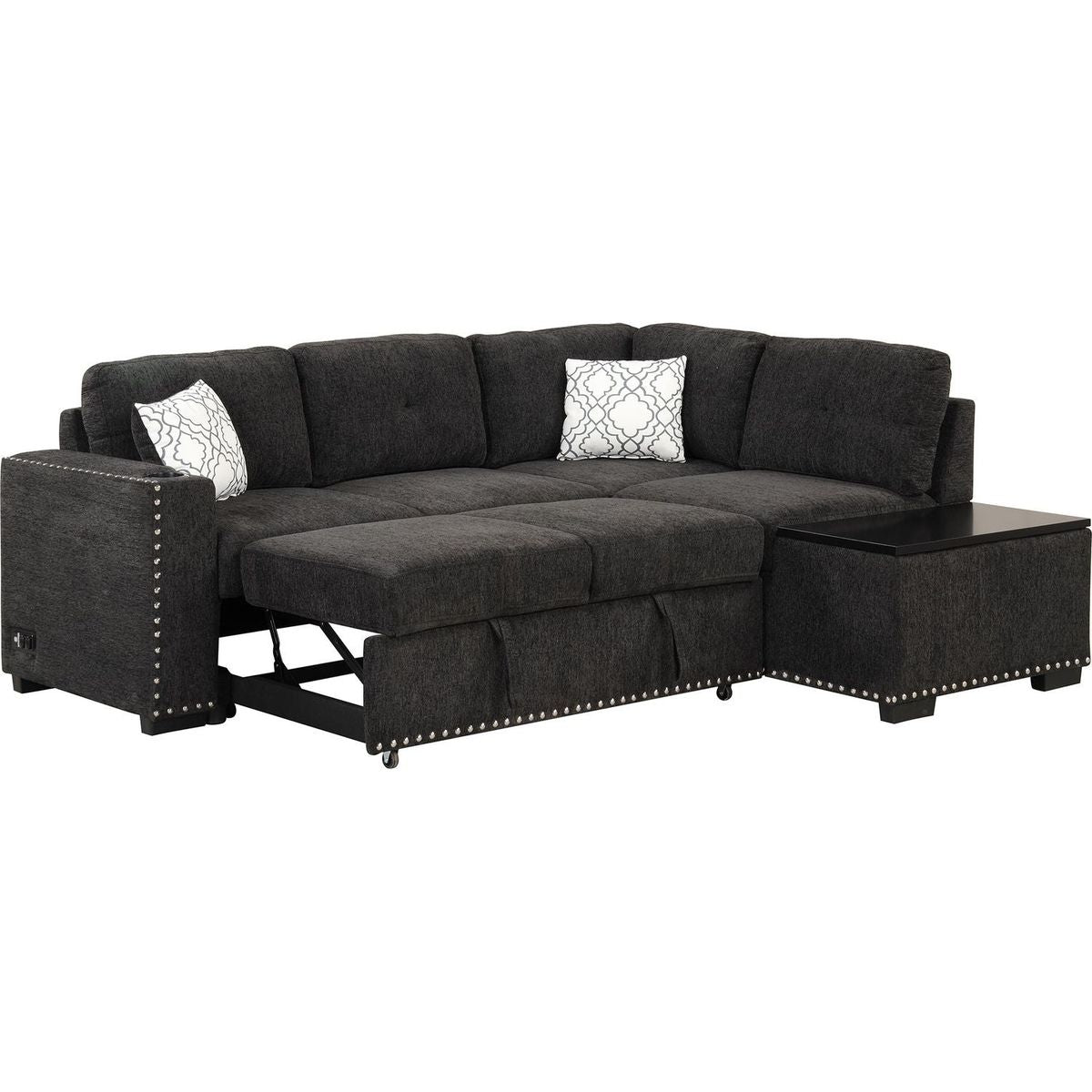 83.8" Reversible Sectional Pull-Out Sofa Bed L-Shaped Corner Sofa Couch with Storage Chaise, USB Ports, Power Sockets, Cup Holder for Living Room, Bedroom, Study, Black