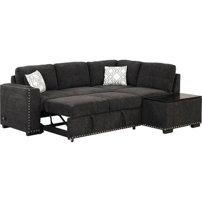 83.8" Reversible Sectional Pull-Out Sofa Bed L-Shaped Corner Sofa Couch with Storage Chaise, USB Ports, Power Sockets, Cup Holder for Living Room, Bedroom, Study, Black