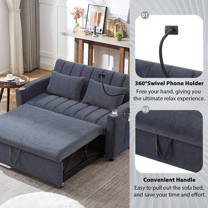 55.9" Convertible Sofa Bed Loveseat Sofa with Three USB Ports, Two Side Pockets, Two Cup Holders and 360Swivel Phone Holder for Living Room, Blue Grey