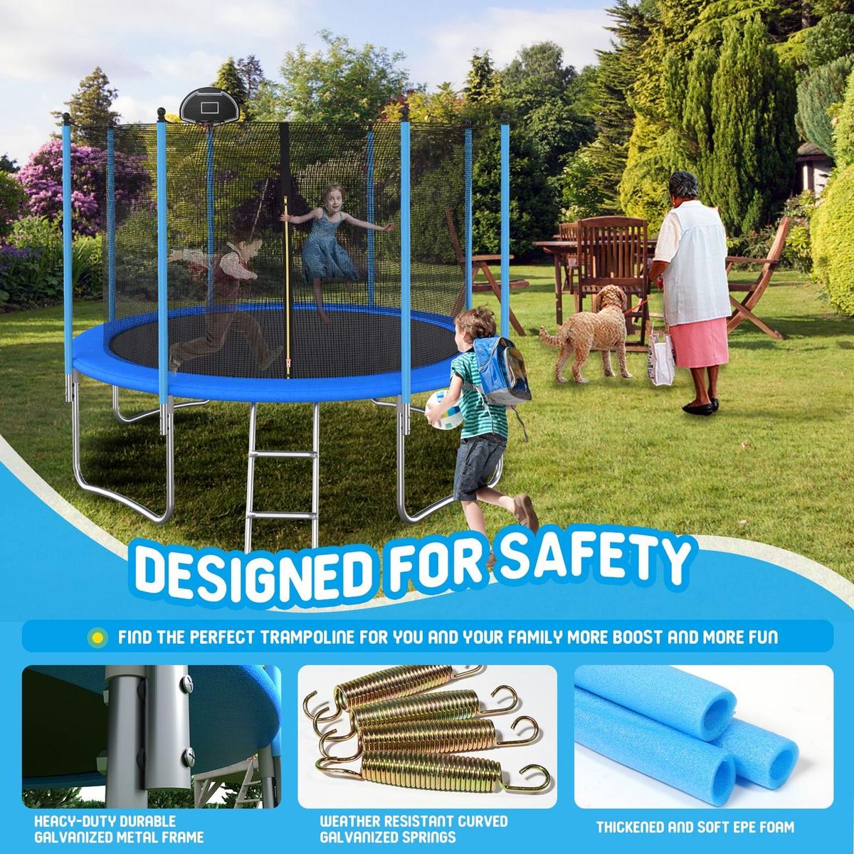 14 FT TRAMPOLINE INSIDE SAFETY NET WITH BASKETBALL HOOP