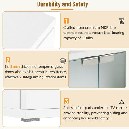 Modern APP Controlled LED TV Stand for TVs Up to 105", Faux Marble Tabletop Media Console with Tempered Glass Doors, Entertainment Center with 2 Drawers & Cabinets for Living Room, White