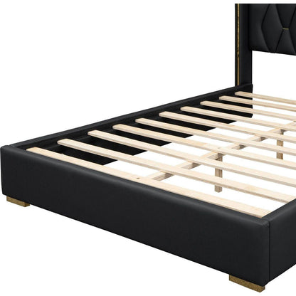 Full Size Upholstered Platform Bed with Metal Strips, Black