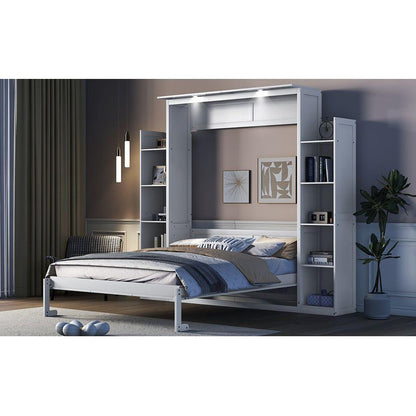 Queen Size Murphy Bed Wall Bed with Shelves and LED Lights,White