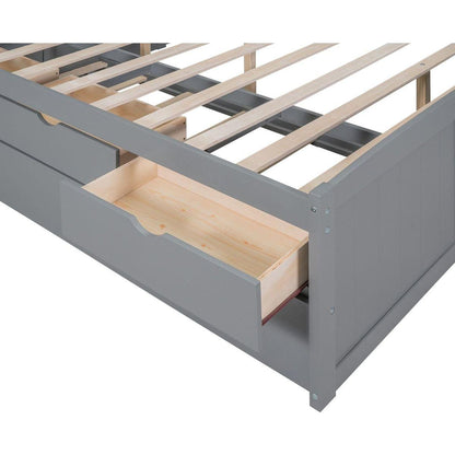Full Size Wooden Captain Bed with Built-in Bookshelves,Three Storage Drawers and Trundle,Light Grey
