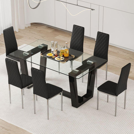 Table and chair set.A rectangular dining table features with tempered glass top and sleek black MDF stand.Paried with 6 PU chairs with checkered armless high back and electroplated metal legs.