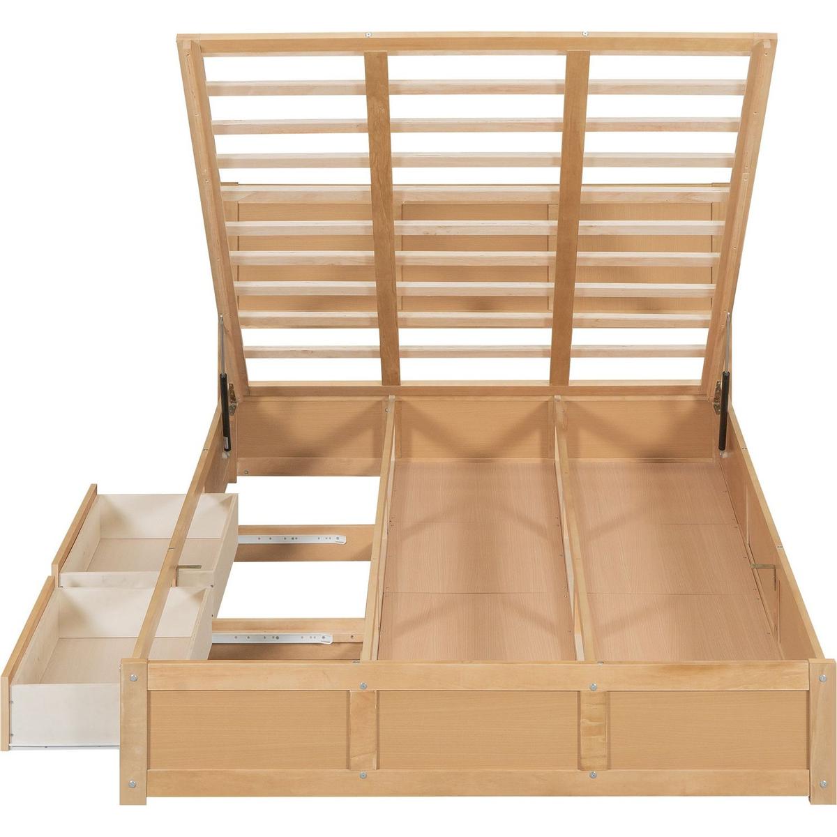 Queen Size Wood Platform Bed with Underneath Storage and 2 Drawers, Wood Color