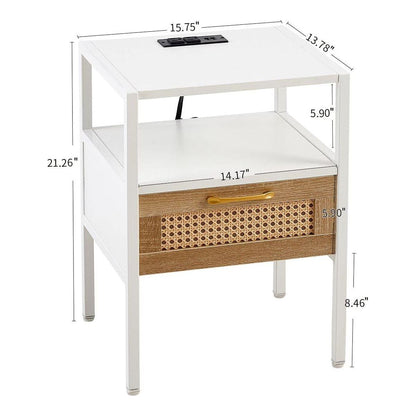 Set of 2, 15.75" Rattan End table with Power Outlet & USB Ports, Modern nightstand with drawer and metal legs, side table for living room, bedroom,white