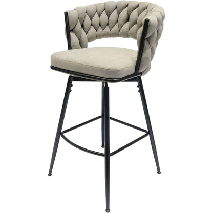 Bar Chair Linen Woven Bar Stool Set of 2,Black legs Barstools No Adjustable Kitchen Island Chairs,360 Swivel Bar Stools Upholstered Bar Chair Counter Stool Arm Chairs with Back Footrest, (Grey)