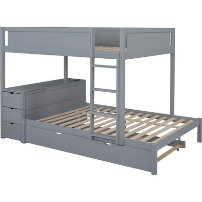 Full-Over-Full Bunk Bed with Twin size Trundle, Storage and Desk, Gray