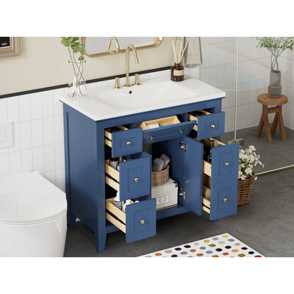 36" Bathroon Vanity with Resin Sink Combo Set, Modern Freestanding Single Bathroom Cabinet with 6 Drawers & 2 Cabinets, Storage Cabinet for Bathroom, Solid Wood Frame Vanity Set, Blue