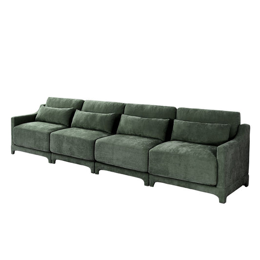 Ergonomic Green Chenille Four-Seater Sofa with Lumbar Pillow, Solid Wood Frame, High-Resilience Sponge