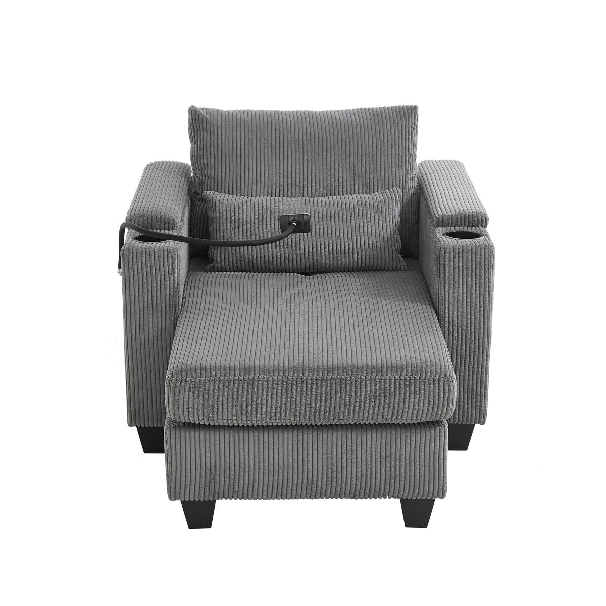 Convertible Chaise Lounge Sofa Chair Corduroy Sleeper with USB Ports, Cup Holders, Storage, Grey