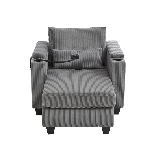 Convertible Chaise Lounge Sofa Chair Corduroy Sleeper with USB Ports, Cup Holders, Storage, Grey