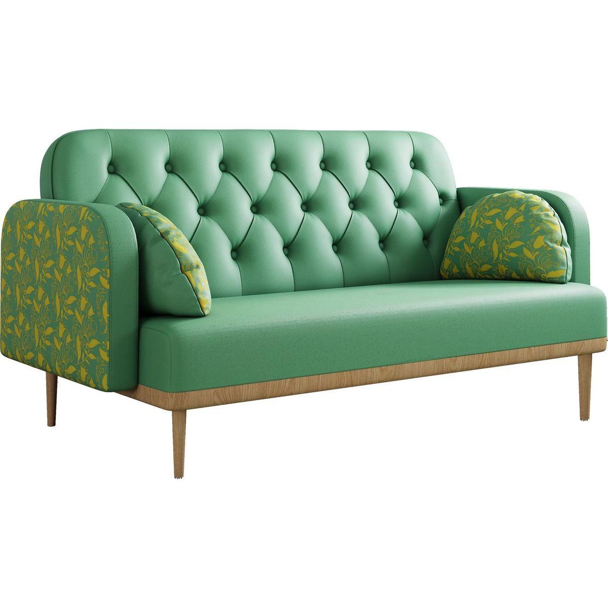green Loveseat sofa with tulip pattern Modern Upholstered Two Seater PU Sofa with 2 dumpling-shaped throw pillows with tulip patterns
