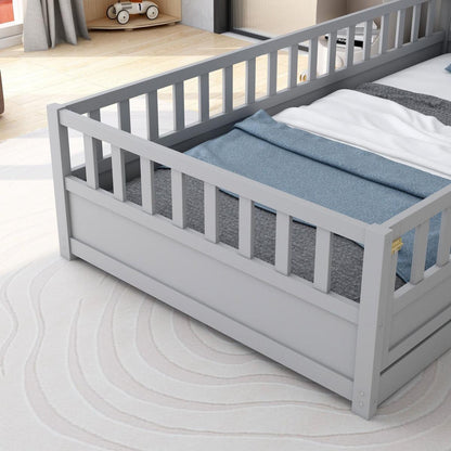 Twin Size Floor bed, integral construction with super high security barrier, door, children's floor bed frame, Montessori wooden children's floor bed, Grey