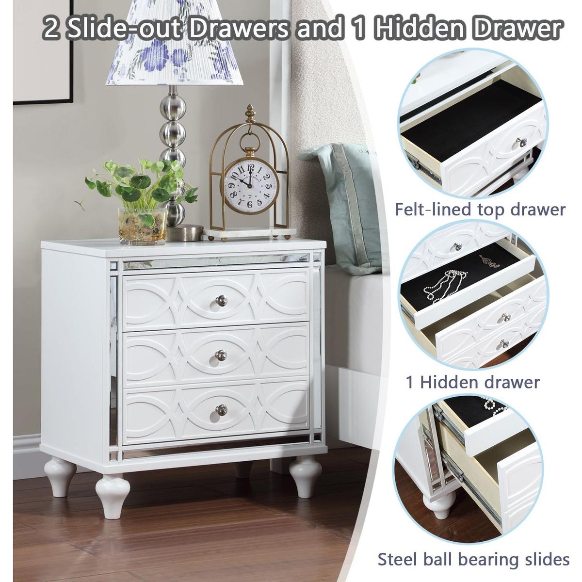 Contemporary Nightstands with mirror frame accents, Bedside Table with two drawers and one hidden drawer, End Table with Crystal Pull for Living Room,Bedroom, White